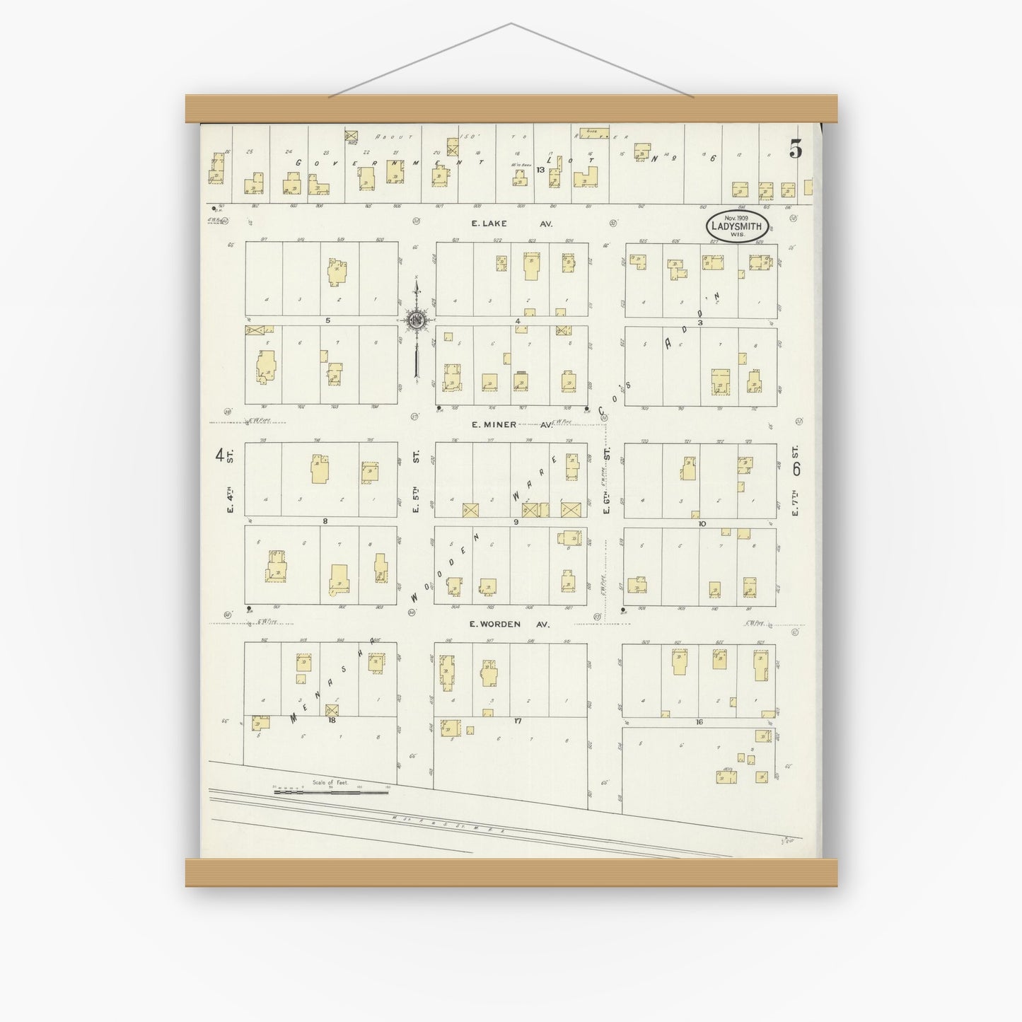 Old map wall art mockup — magnetic wood frame on white wall — Sanborn Fire Insurance Map from Ladysmith, Rusk County, Wisconsin (1909), Sheet #0005
