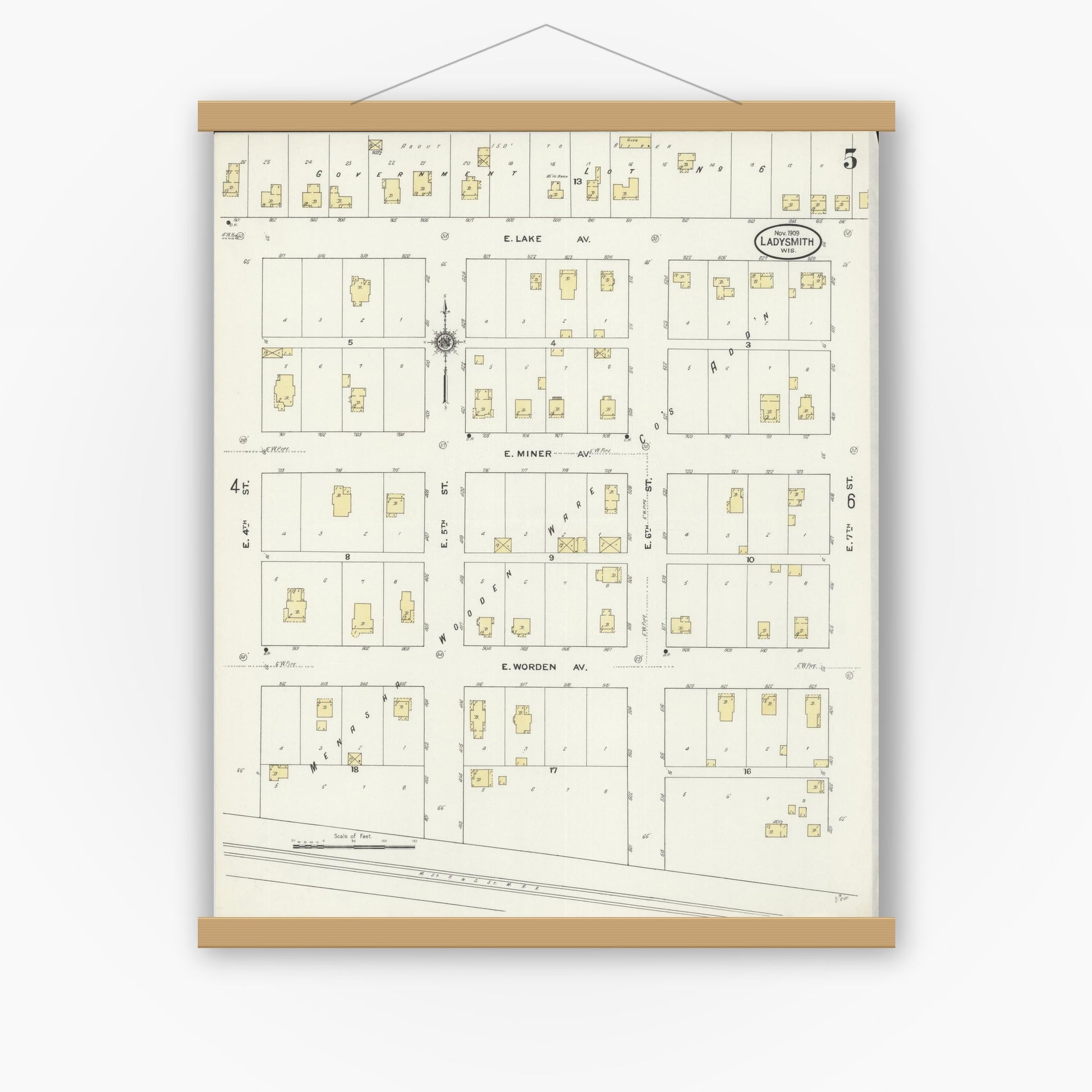 Old map wall art mockup — magnetic wood frame on white wall — Sanborn Fire Insurance Map from Ladysmith, Rusk County, Wisconsin (1909), Sheet #0005