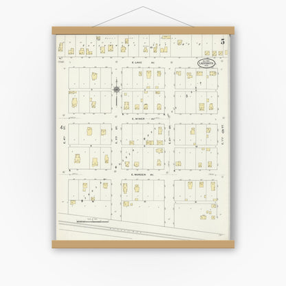 Old map wall art mockup — magnetic wood frame on white wall — Sanborn Fire Insurance Map from Ladysmith, Rusk County, Wisconsin (1909), Sheet #0005