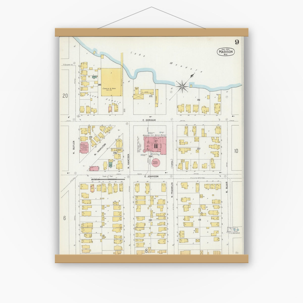 Old map wall art mockup — magnetic wood frame on white wall — Sanborn Fire Insurance Map from Madison, Dane County, Wisconsin (1902), Sheet #0009