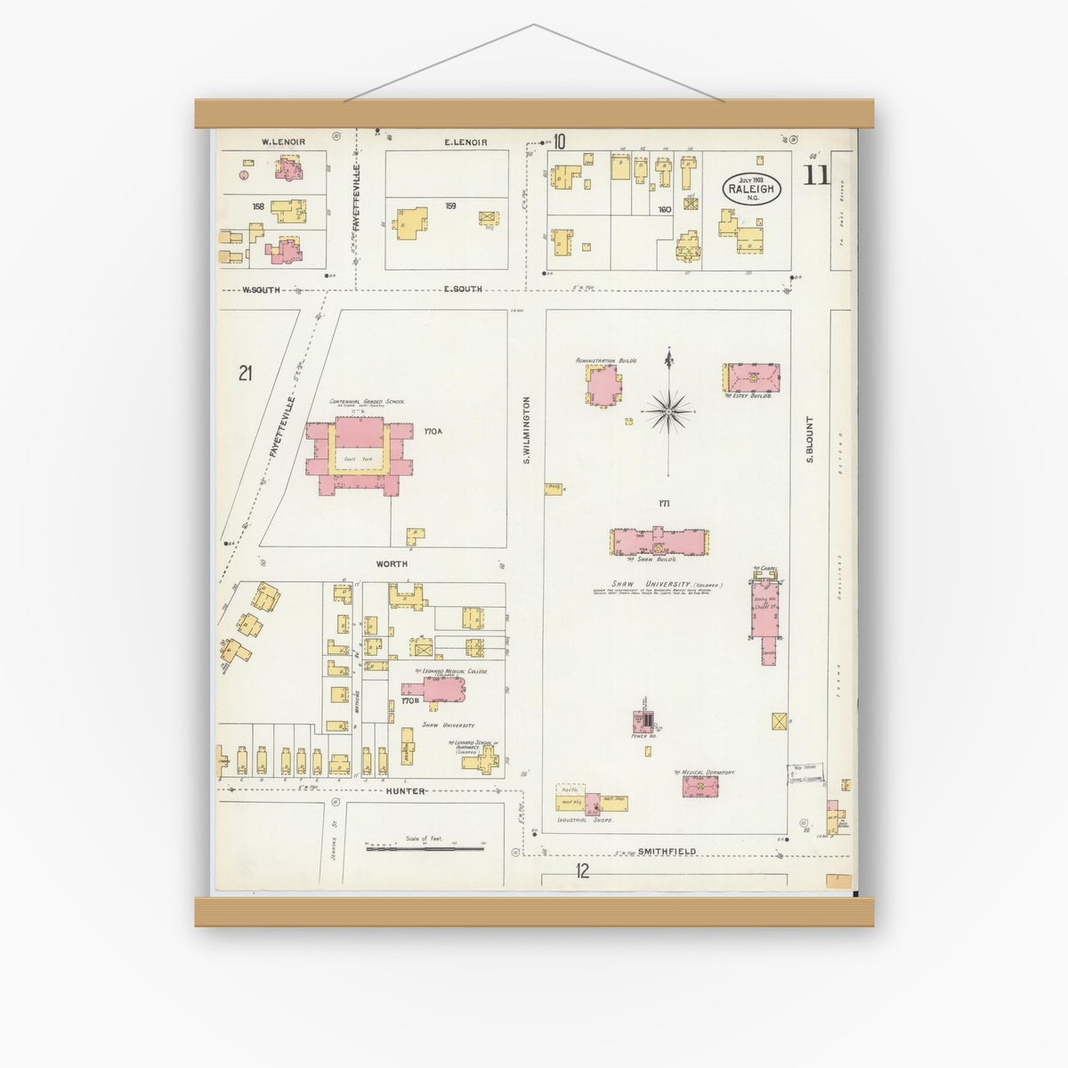 Old map wall art mockup — magnetic wood frame on white wall — Sanborn Fire Insurance Map from Raleigh, Wake County, North Carolina (1903), Sheet #0011