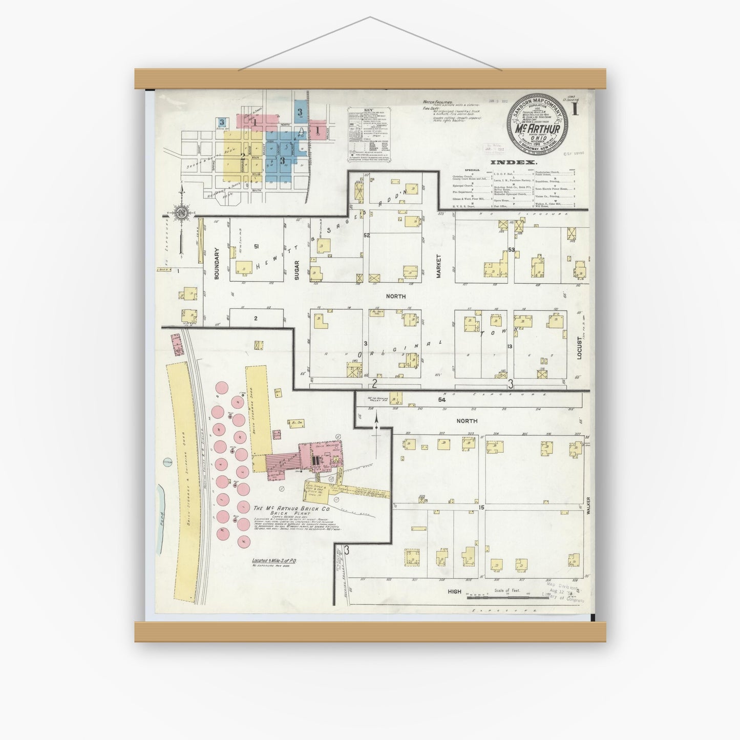 Old map wall art mockup — magnetic wood frame on white wall — Sanborn Fire Insurance Map from McArthur, Vinton County, Ohio (1911), Sheet #0001