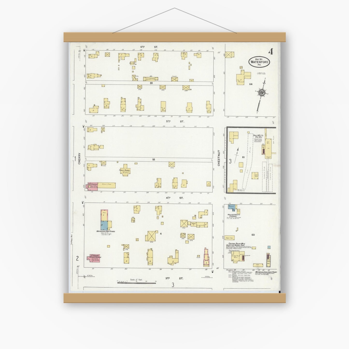 Old map wall art mockup — magnetic wood frame on white wall — Sanborn Fire Insurance Map from Waterford, Erie County, Pennsylvania (1911), Sheet #0004