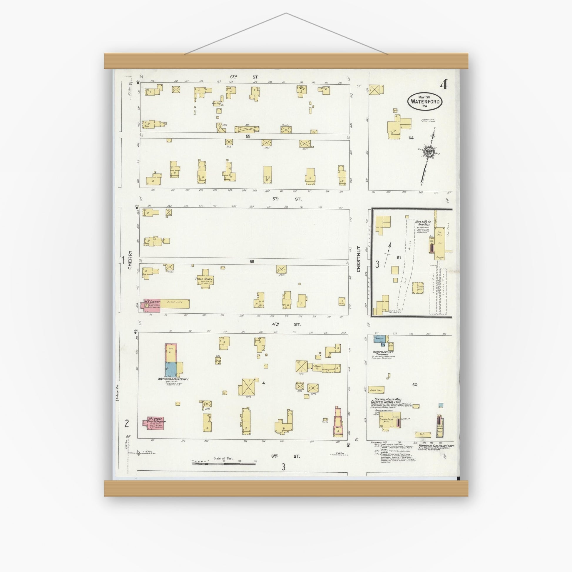 Old map wall art mockup — magnetic wood frame on white wall — Sanborn Fire Insurance Map from Waterford, Erie County, Pennsylvania (1911), Sheet #0004