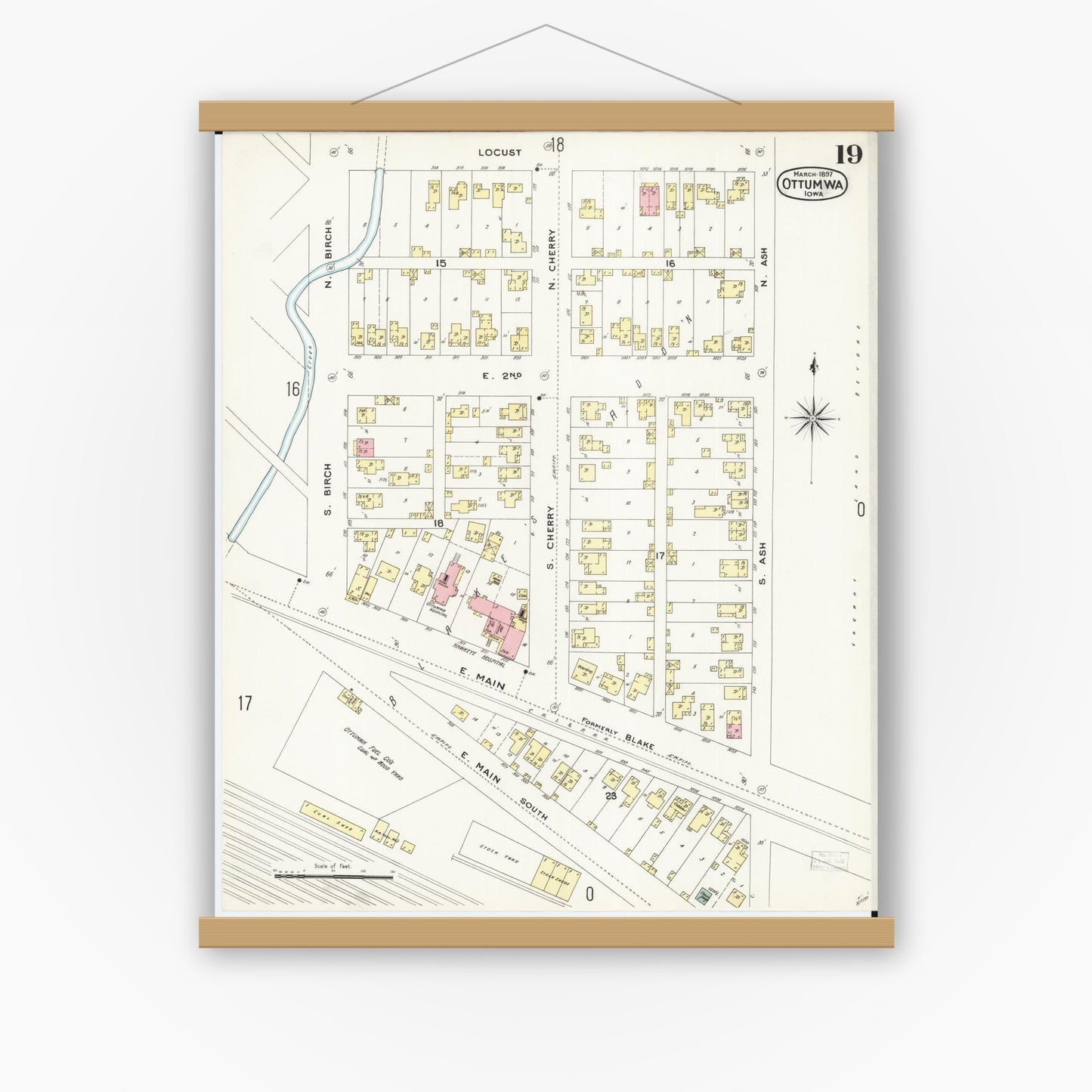 Old map wall art mockup — magnetic wood frame on white wall — Sanborn Fire Insurance Map from Ottumwa, Wapello County, Iowa (1897), Sheet #0019
