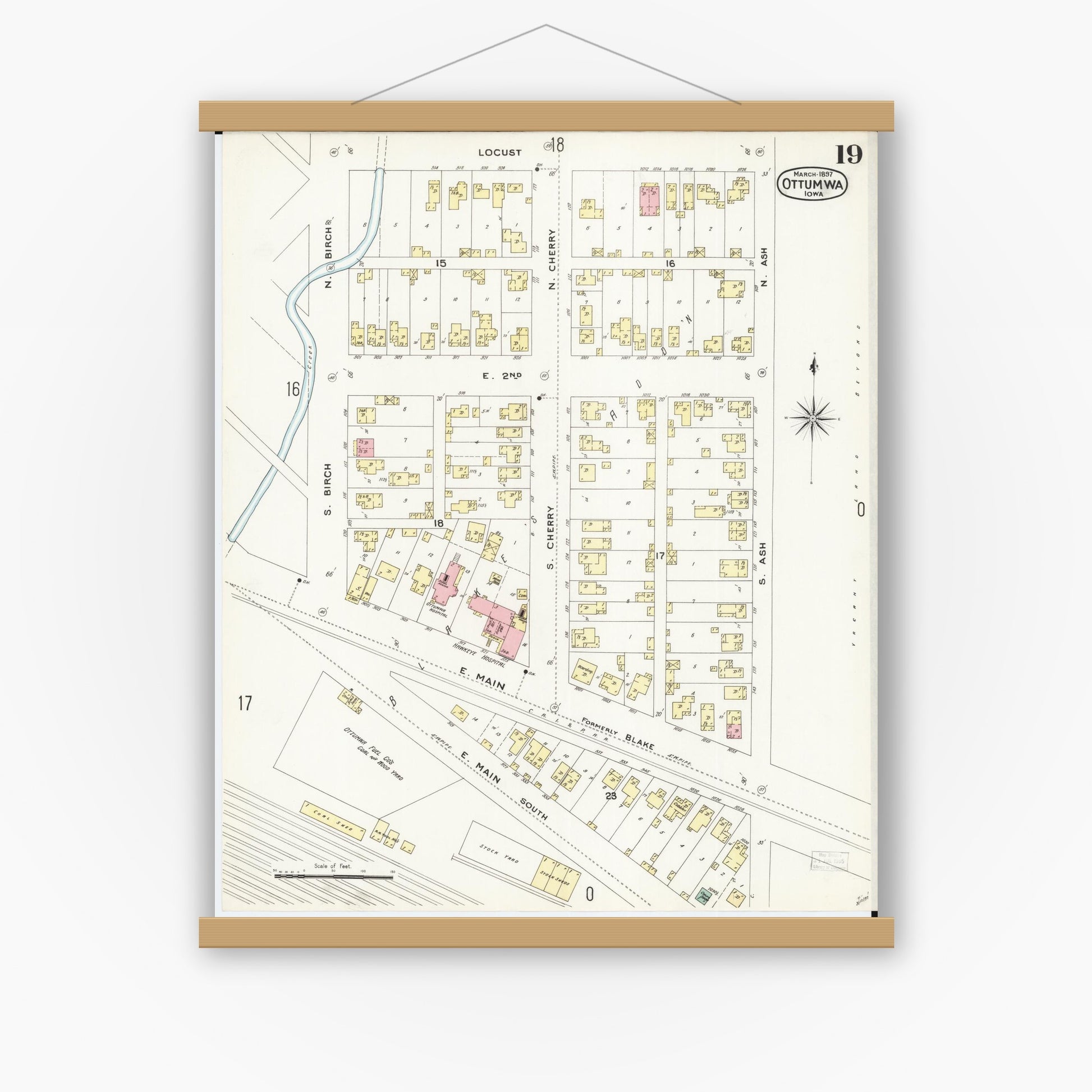 Old map wall art mockup — magnetic wood frame on white wall — Sanborn Fire Insurance Map from Ottumwa, Wapello County, Iowa (1897), Sheet #0019