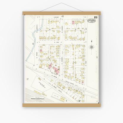 Old map wall art mockup — magnetic wood frame on white wall — Sanborn Fire Insurance Map from Ottumwa, Wapello County, Iowa (1897), Sheet #0019