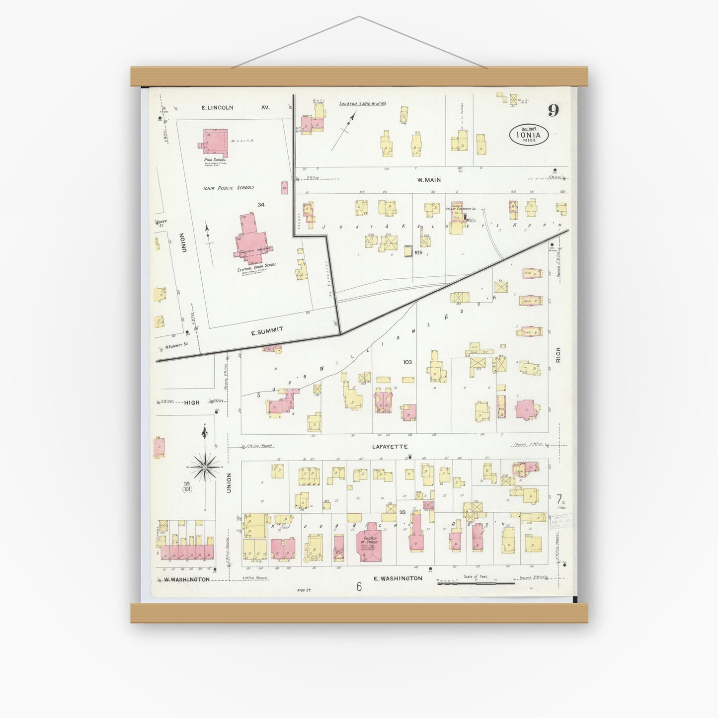 Old map wall art mockup — magnetic wood frame on white wall — Sanborn Fire Insurance Map from Ionia, Ionia County, Michigan (1907), Sheet #0009
