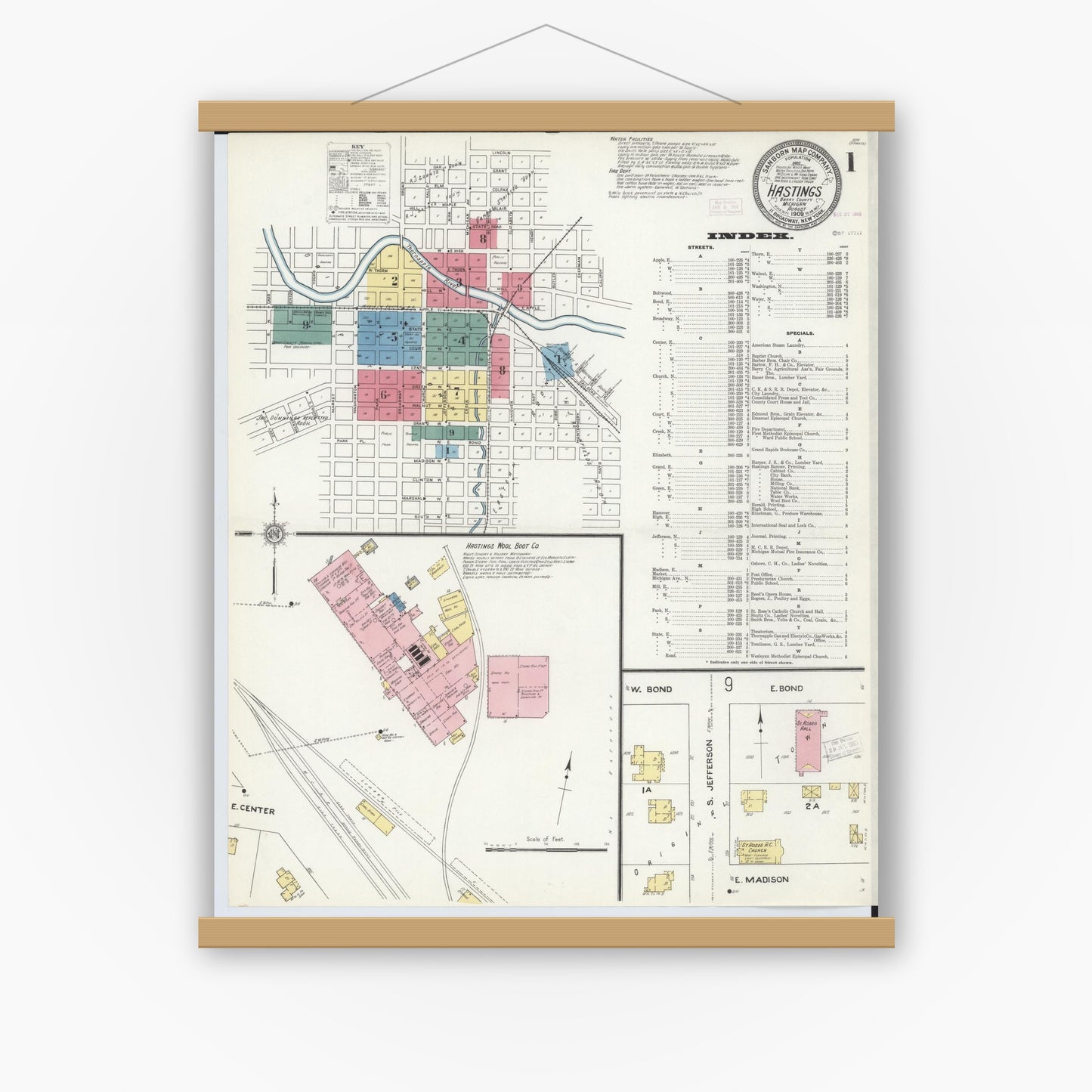 Old map wall art mockup — magnetic wood frame on white wall — Sanborn Fire Insurance Map from Hastings, Barry County, Michigan (1909) - Complete Map Set