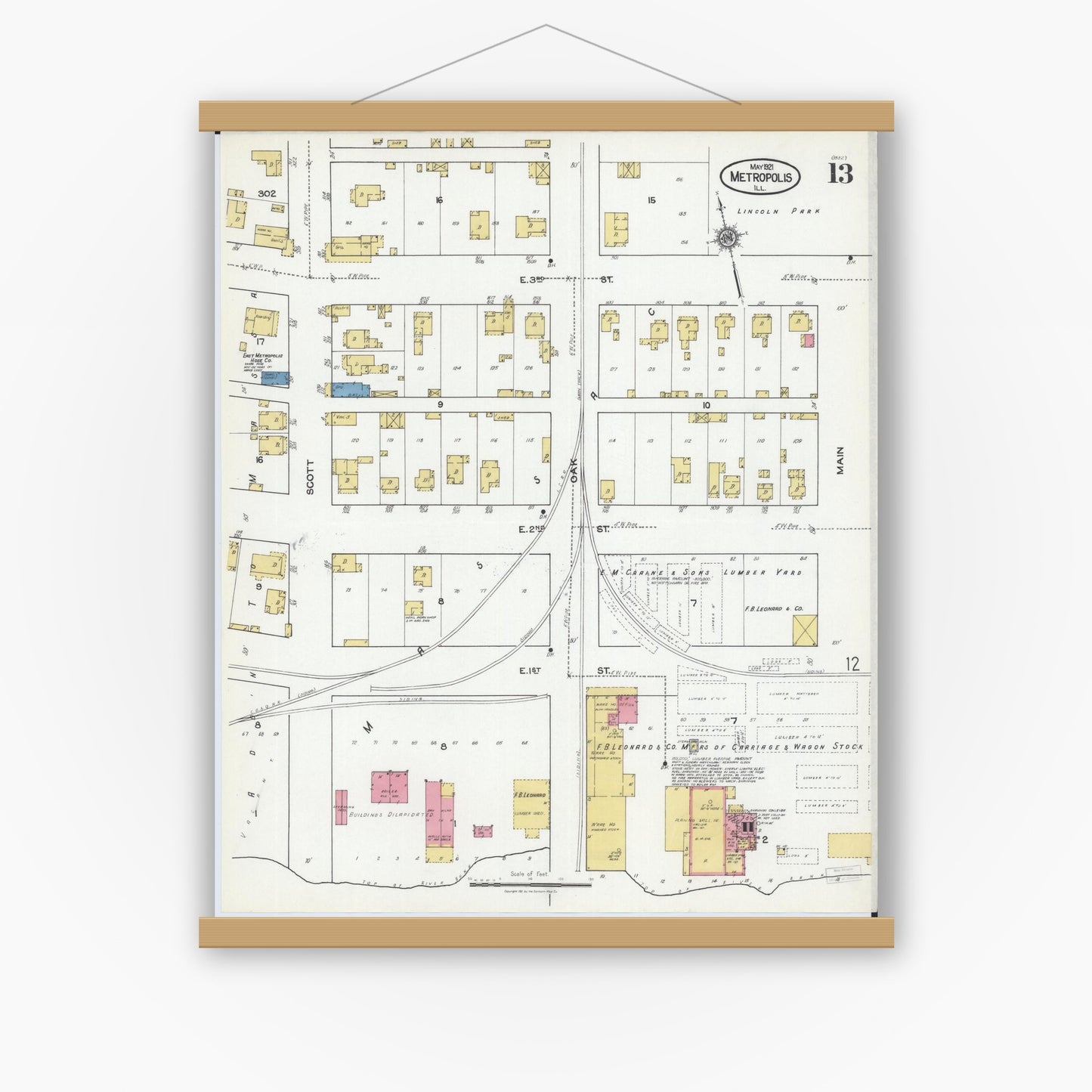 Old map wall art mockup — magnetic wood frame on white wall — Sanborn Fire Insurance Map from Metropolis, Massac County, Illinois (1921), Sheet #0013