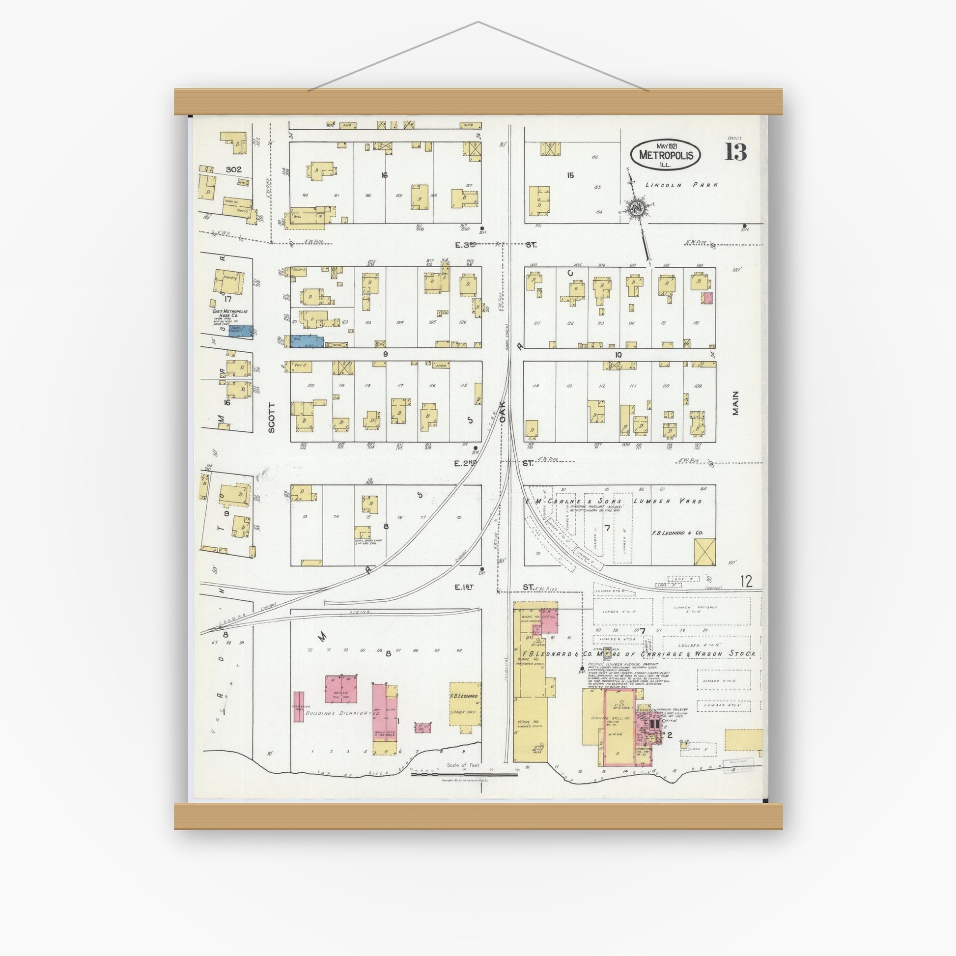 Old map wall art mockup — magnetic wood frame on white wall — Sanborn Fire Insurance Map from Metropolis, Massac County, Illinois (1921), Sheet #0013