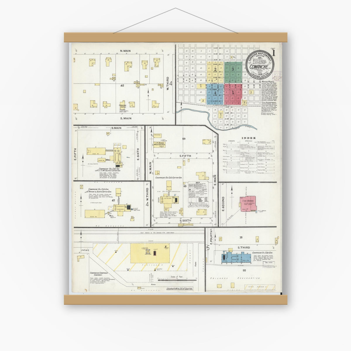 Old map wall art mockup — magnetic wood frame on white wall — Sanborn Fire Insurance Map from Comanche, Comanche County, Texas (1908) - Complete Map Set