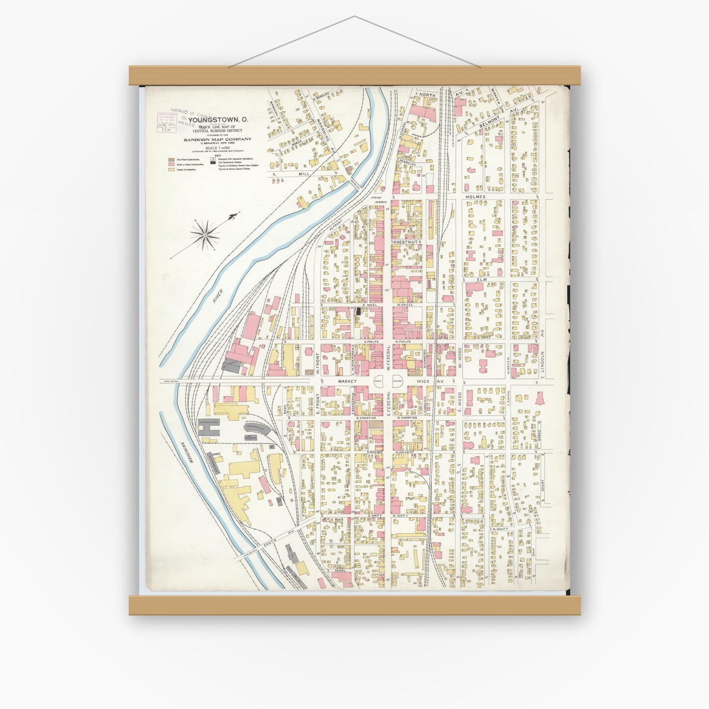 Old map wall art mockup — magnetic wood frame on white wall — Sanborn Fire Insurance Map from Youngstown, Mahoning County, Ohio (1906), Sheet #0001