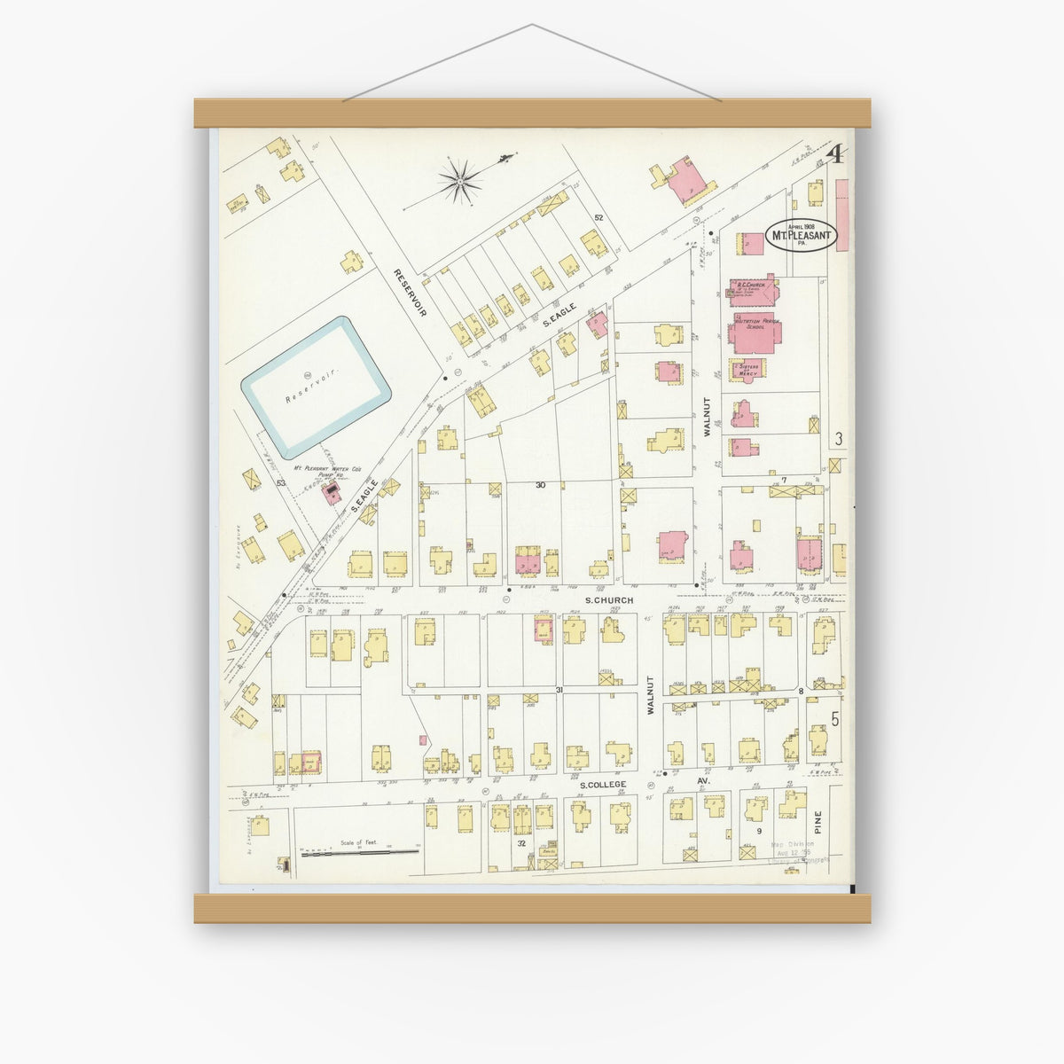 Old map wall art mockup — magnetic wood frame on white wall — Sanborn Fire Insurance Map from Mount Pleasant, Westmoreland County, Pennsylvania (1908), Sheet #0004