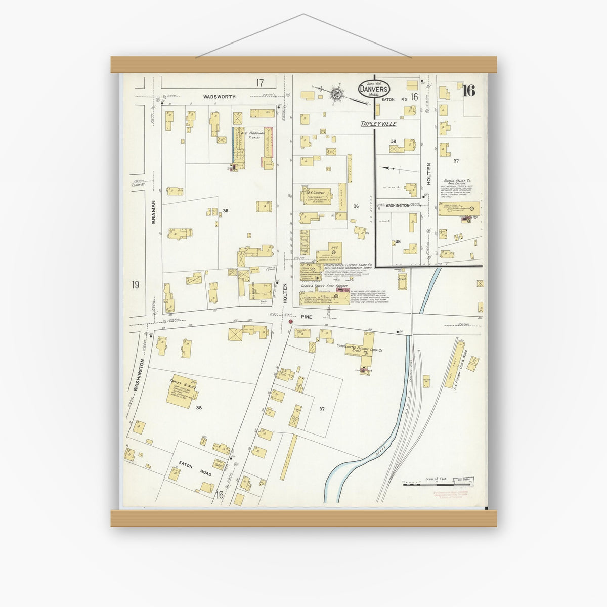 Old map wall art mockup — magnetic wood frame on white wall — Sanborn Fire Insurance Map from Danvers, Essex County, Massachusetts (1916), Sheet #0016