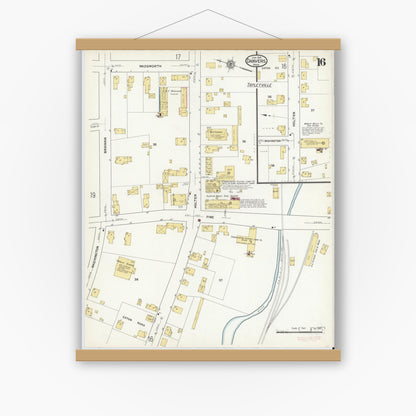 Old map wall art mockup — magnetic wood frame on white wall — Sanborn Fire Insurance Map from Danvers, Essex County, Massachusetts (1916), Sheet #0016