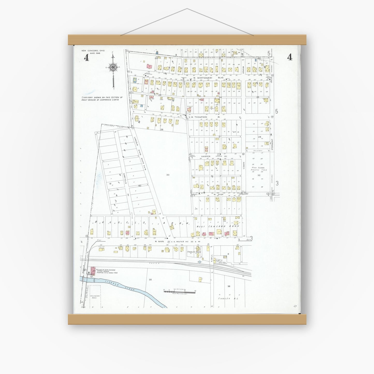 Old map wall art mockup — magnetic wood frame on white wall — Sanborn Fire Insurance Map from New Concord, Muskingum County, Ohio (1946), Sheet #0004