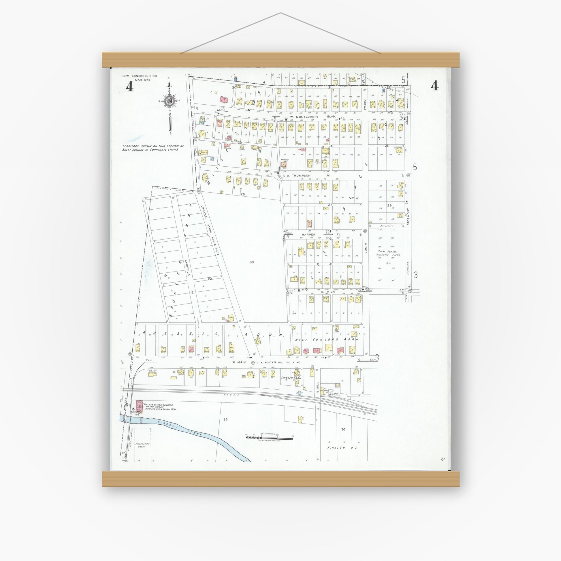 Old map wall art mockup — magnetic wood frame on white wall — Sanborn Fire Insurance Map from New Concord, Muskingum County, Ohio (1946), Sheet #0004