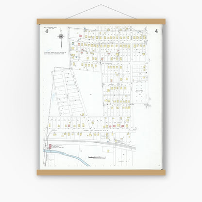 Old map wall art mockup — magnetic wood frame on white wall — Sanborn Fire Insurance Map from New Concord, Muskingum County, Ohio (1946), Sheet #0004
