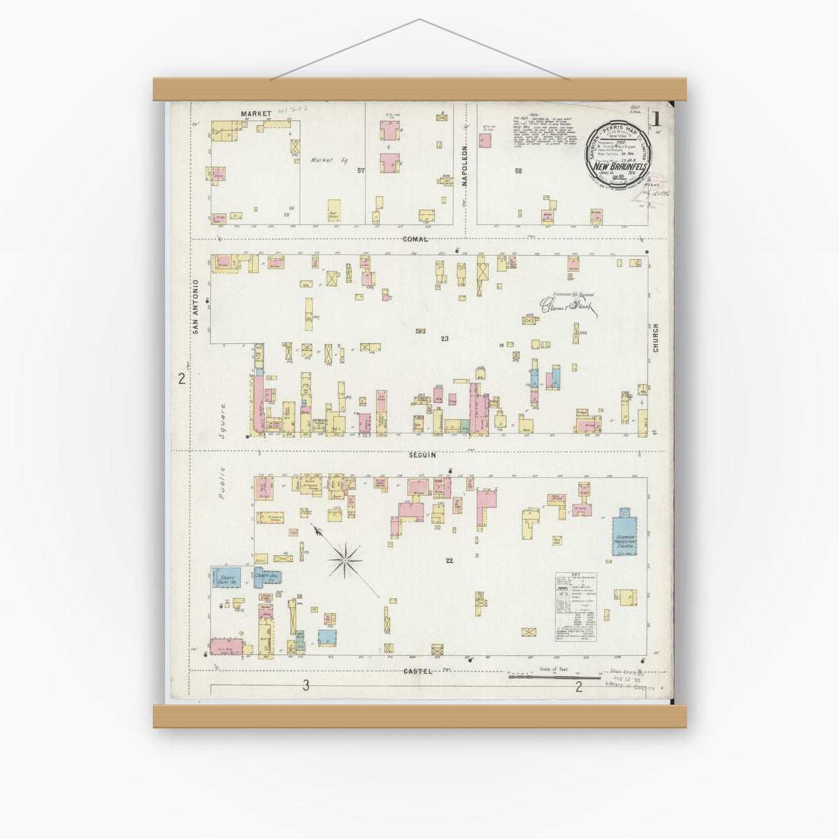 Old map wall art mockup — magnetic wood frame on white wall — Sanborn Fire Insurance Map from New Braunfels, Comal County, Texas (1896) - Complete Map Set