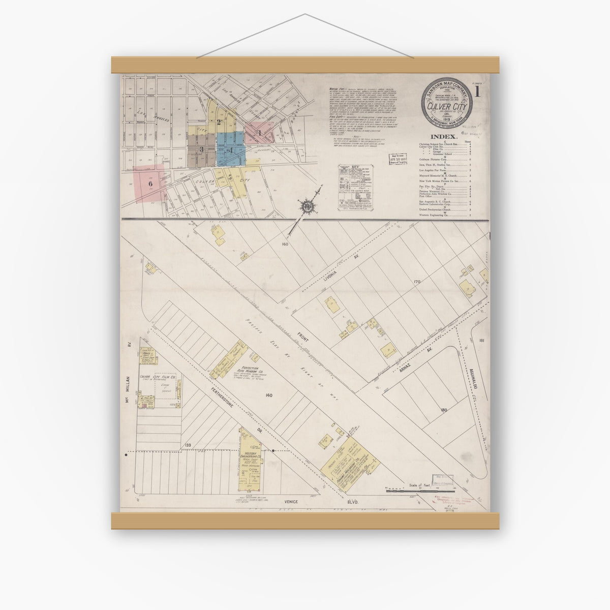 Old map wall art mockup — magnetic wood frame on white wall — Sanborn Fire Insurance Map from Culver City, Los Angeles County, California (1919), Sheet #0001