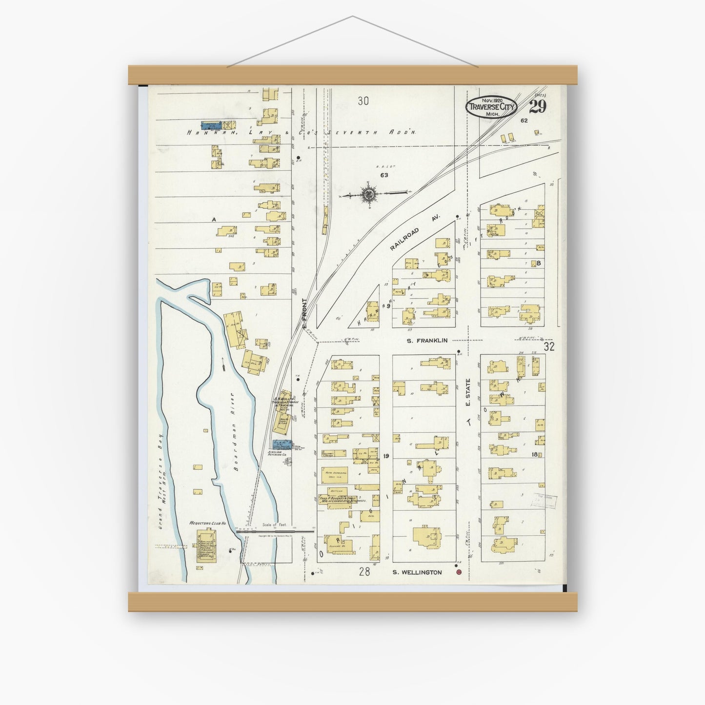 Old map wall art mockup — magnetic wood frame on white wall — Sanborn Fire Insurance Map from Traverse City, Grand Traverse County, Michigan (1920), Sheet #0029