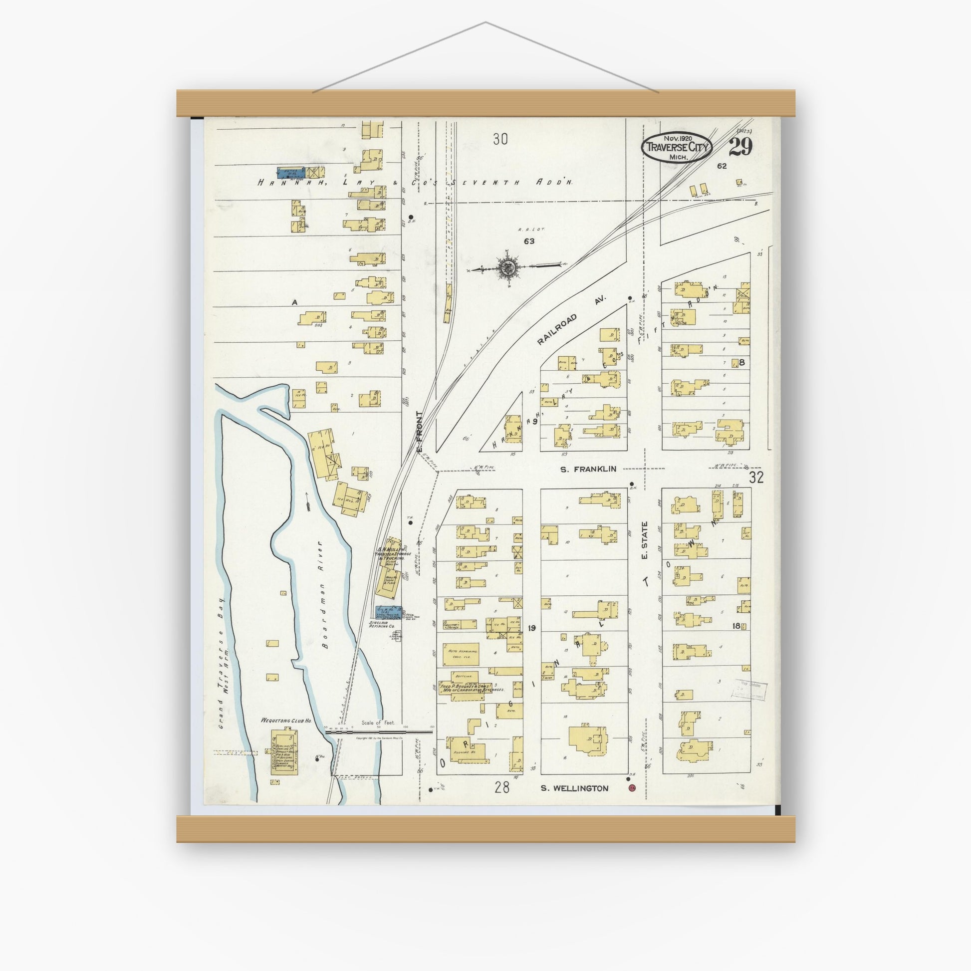 Old map wall art mockup — magnetic wood frame on white wall — Sanborn Fire Insurance Map from Traverse City, Grand Traverse County, Michigan (1920), Sheet #0029