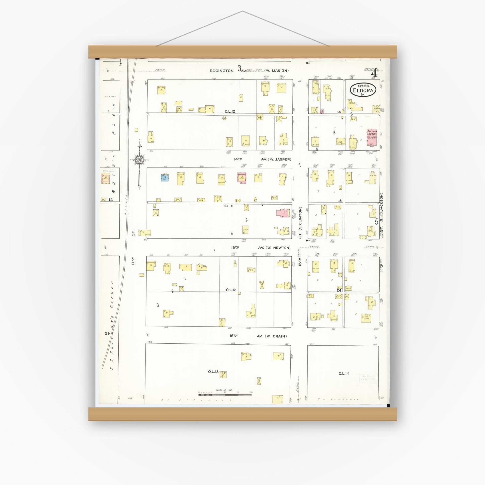 Old map wall art mockup — magnetic wood frame on white wall — Sanborn Fire Insurance Map from Eldora, Hardin County, Iowa (1915), Sheet #0004