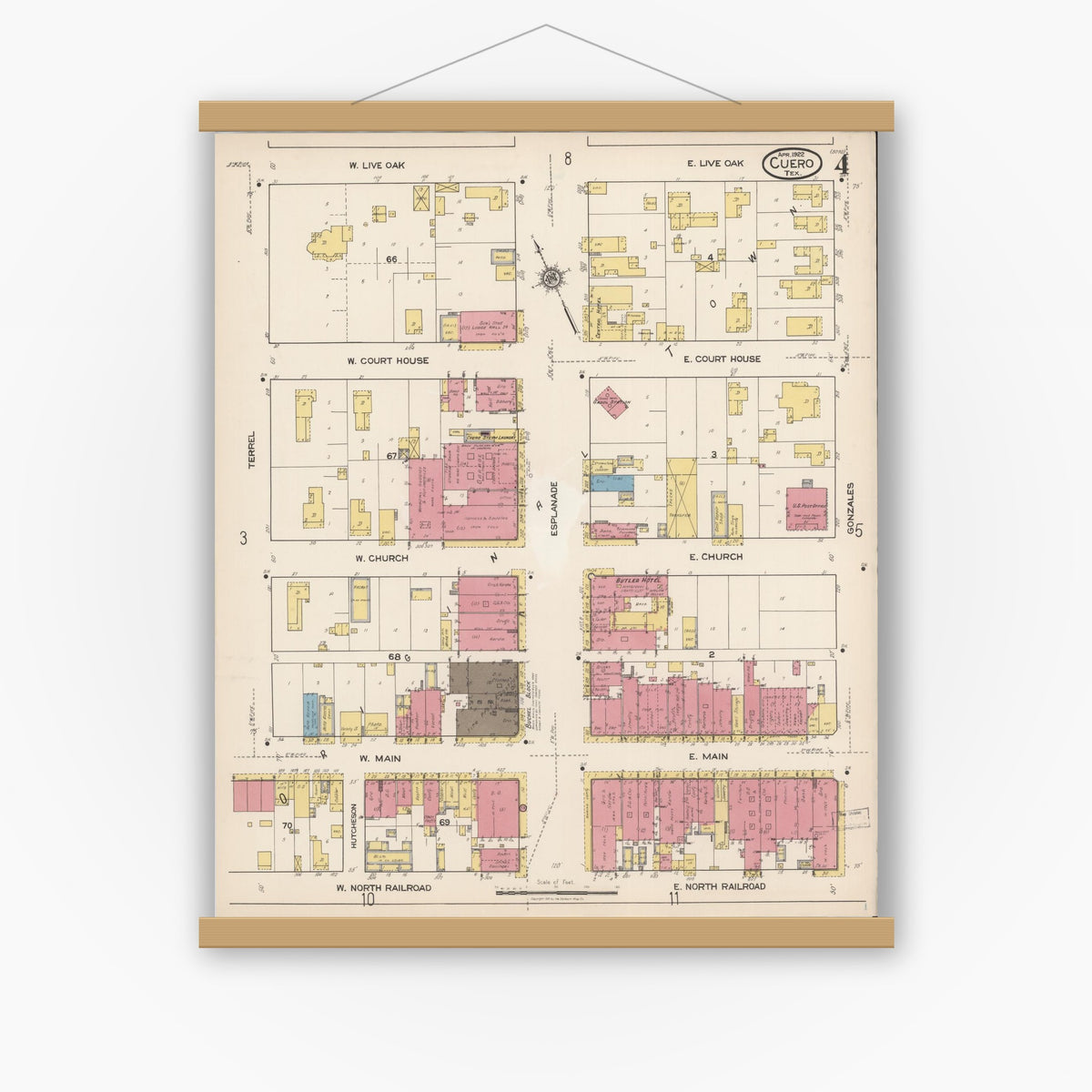 Old map wall art mockup — magnetic wood frame on white wall — Sanborn Fire Insurance Map from Cuero, De Witt County, Texas (1922), Sheet #0004