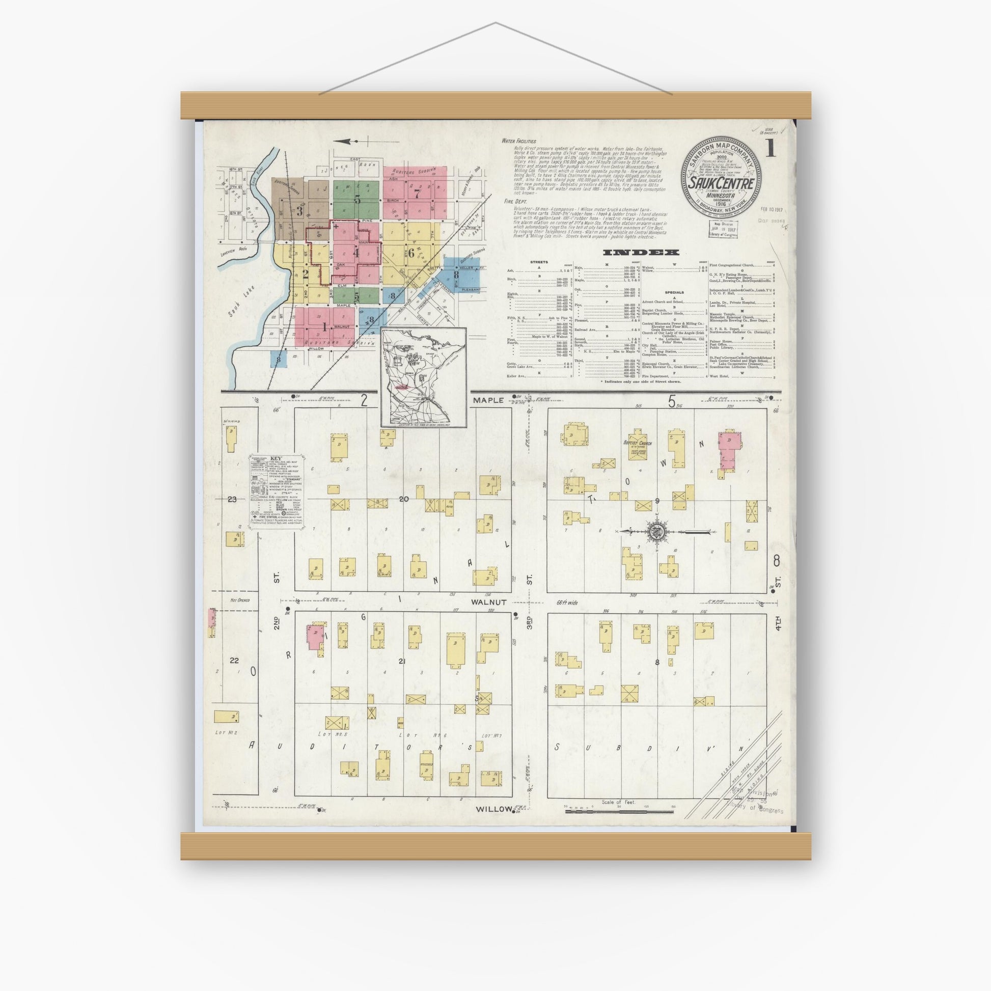 Old map wall art mockup — magnetic wood frame on white wall — Sanborn Fire Insurance Map from Sauk Centre, Stearns County, Minnesota (1916) - Complete Map Set
