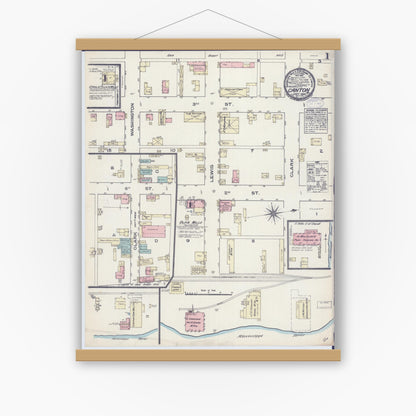 Old map wall art mockup — magnetic wood frame on white wall — Sanborn Fire Insurance Map from Canton, Lewis County, Missouri (1884) - Complete Map Set
