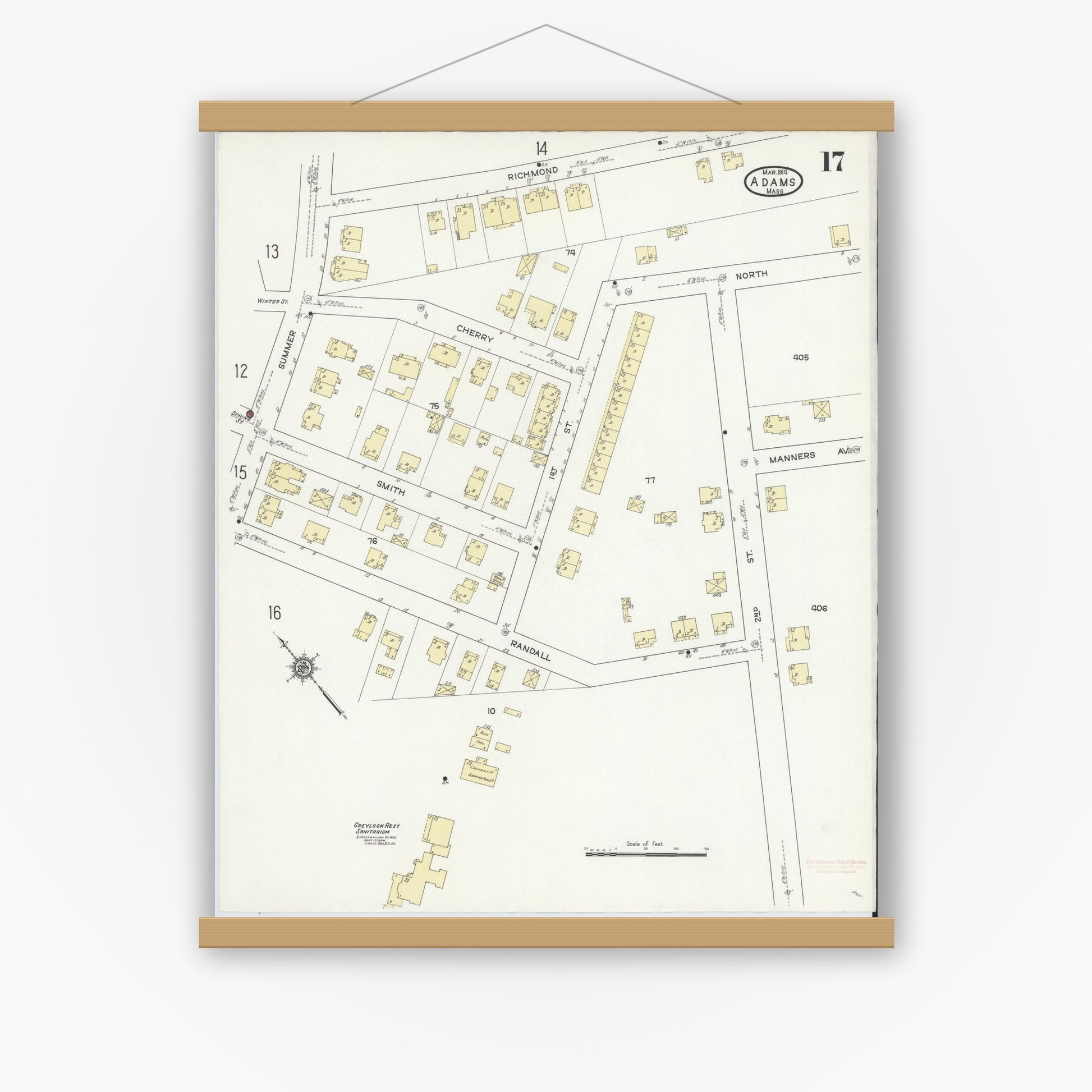Old map wall art mockup — magnetic wood frame on white wall — Sanborn Fire Insurance Map from Adams, Berkshire County, Massachusetts (1914), Sheet #0017