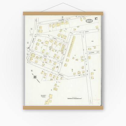 Old map wall art mockup — magnetic wood frame on white wall — Sanborn Fire Insurance Map from Adams, Berkshire County, Massachusetts (1914), Sheet #0017