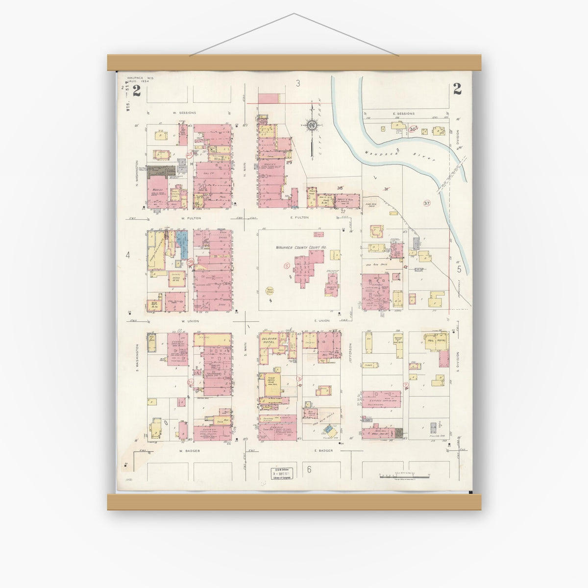 Old map wall art mockup — magnetic wood frame on white wall — Sanborn Fire Insurance Map from Waupaca, Waupaca County, Wisconsin (1941), Sheet #0002