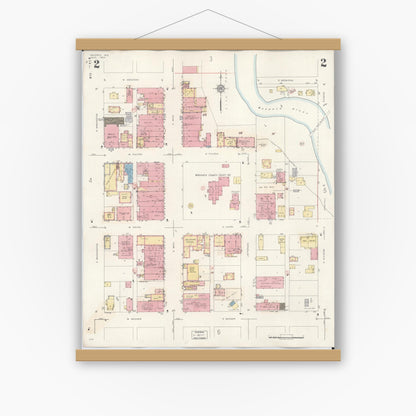 Old map wall art mockup — magnetic wood frame on white wall — Sanborn Fire Insurance Map from Waupaca, Waupaca County, Wisconsin (1941), Sheet #0002