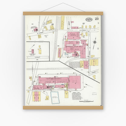 Old map wall art mockup — magnetic wood frame on white wall — Sanborn Fire Insurance Map from Concord, Cabarrus County, North Carolina (1921), Sheet #0023