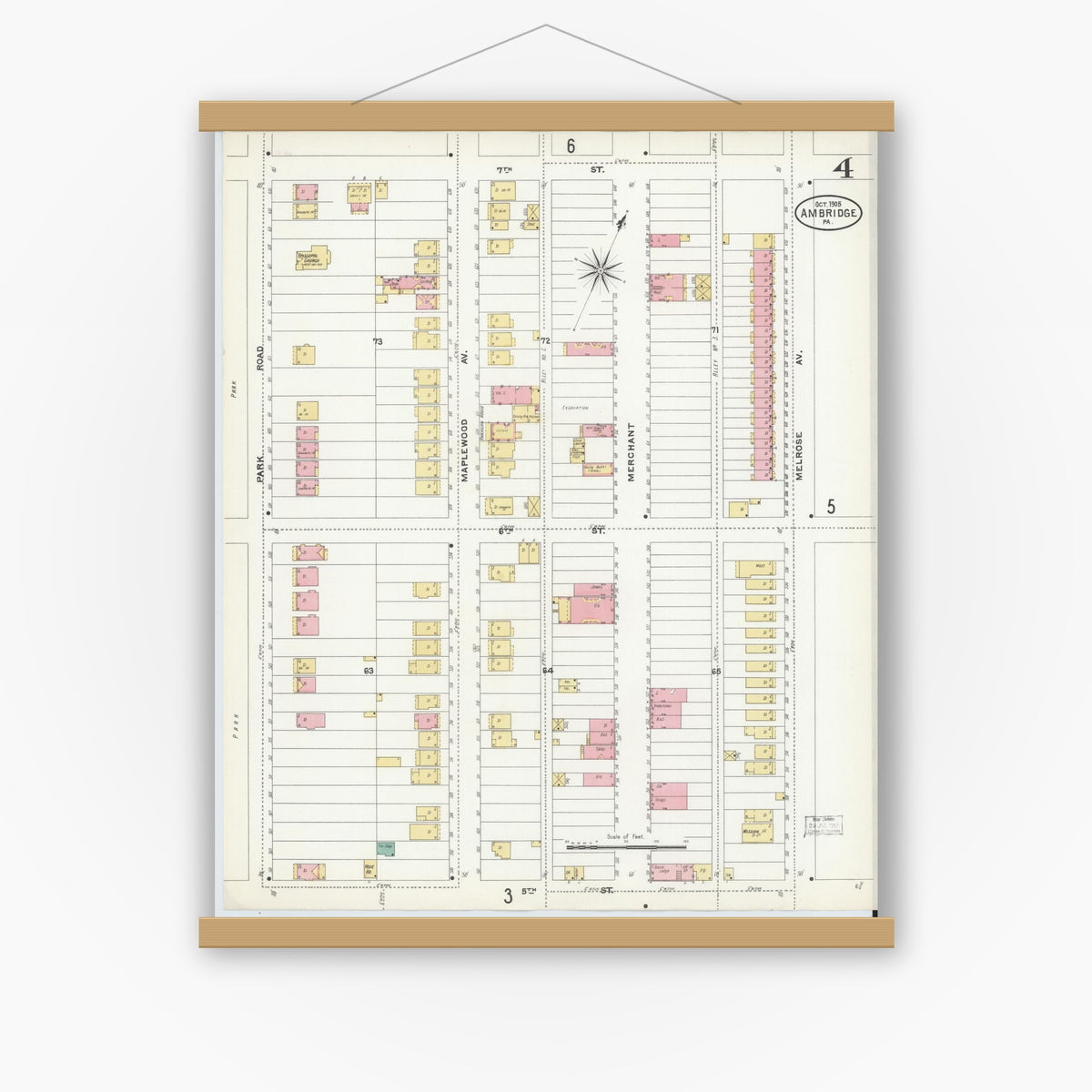 Old map wall art mockup — magnetic wood frame on white wall — Sanborn Fire Insurance Map from Ambridge, Beaver County, Pennsylvania (1905), Sheet #0004
