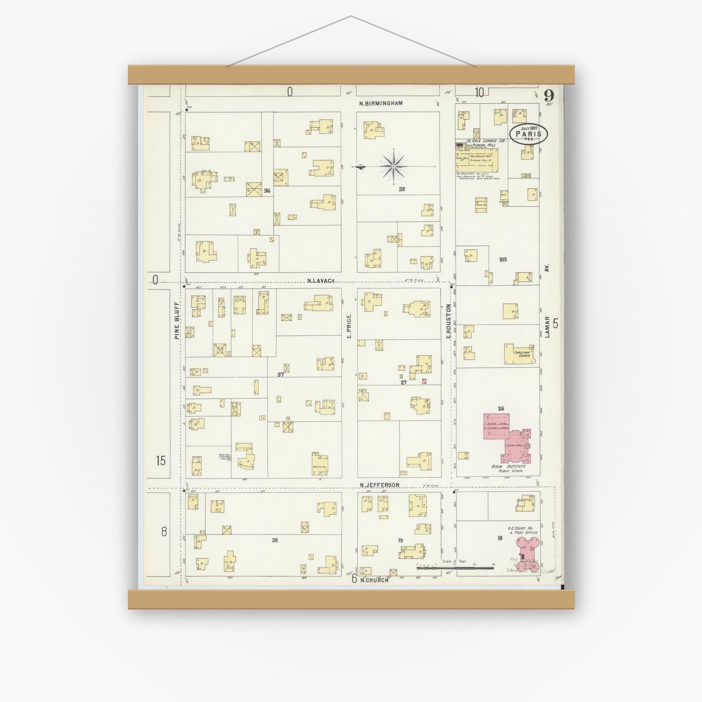 Old map wall art mockup — magnetic wood frame on white wall — Sanborn Fire Insurance Map from Paris, Lamar County, Texas (1897), Sheet #0009