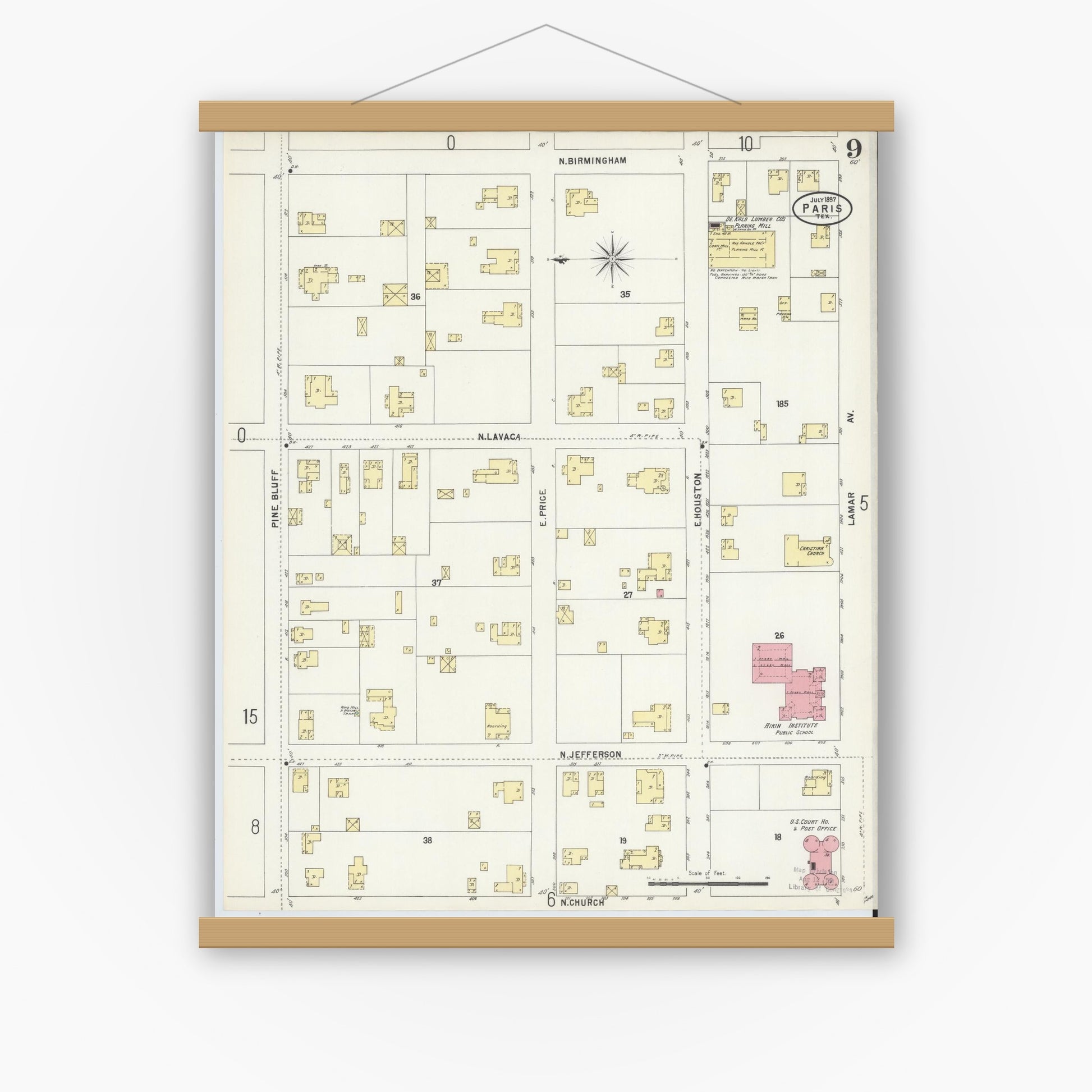 Old map wall art mockup — magnetic wood frame on white wall — Sanborn Fire Insurance Map from Paris, Lamar County, Texas (1897), Sheet #0009