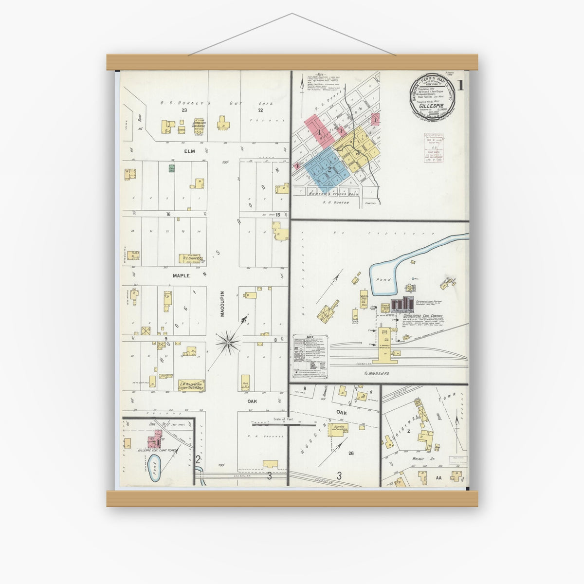 Old map wall art mockup — magnetic wood frame on white wall — Sanborn Fire Insurance Map from Gillespie, Macoupin County, Illinois (1899) - Complete Map Set