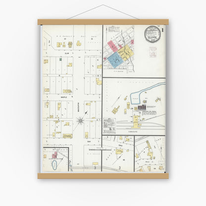 Old map wall art mockup — magnetic wood frame on white wall — Sanborn Fire Insurance Map from Gillespie, Macoupin County, Illinois (1899) - Complete Map Set