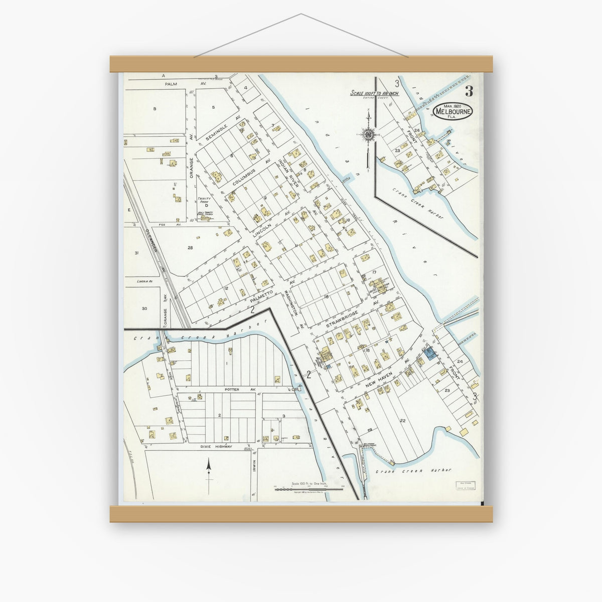 Old map wall art mockup — magnetic wood frame on white wall — Sanborn Fire Insurance Map from Melbourne, Brevard County, Florida (1920), Sheet #0003