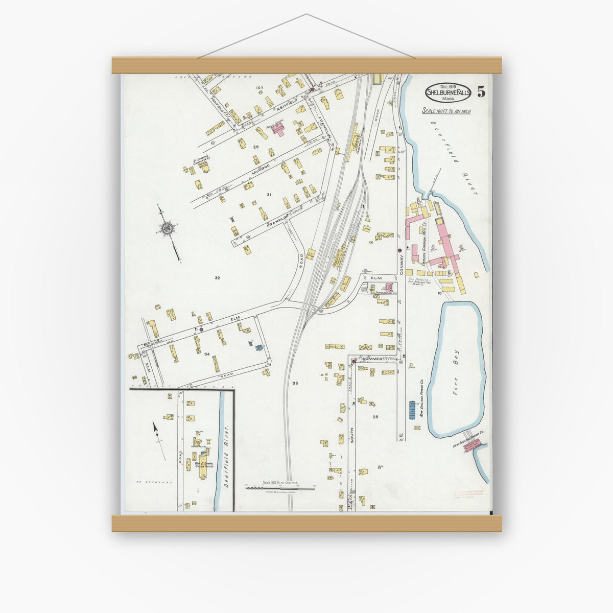 Old map wall art mockup — magnetic wood frame on white wall — Sanborn Fire Insurance Map from Shelburne Falls, Franklin County, Massachusetts (1919), Sheet #0005