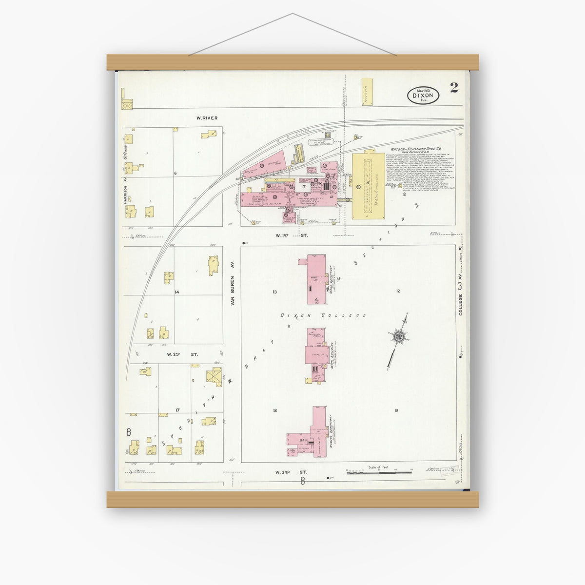 Old map wall art mockup — magnetic wood frame on white wall — Sanborn Fire Insurance Map from Dixon, Lee County, Illinois (1910), Sheet #0002