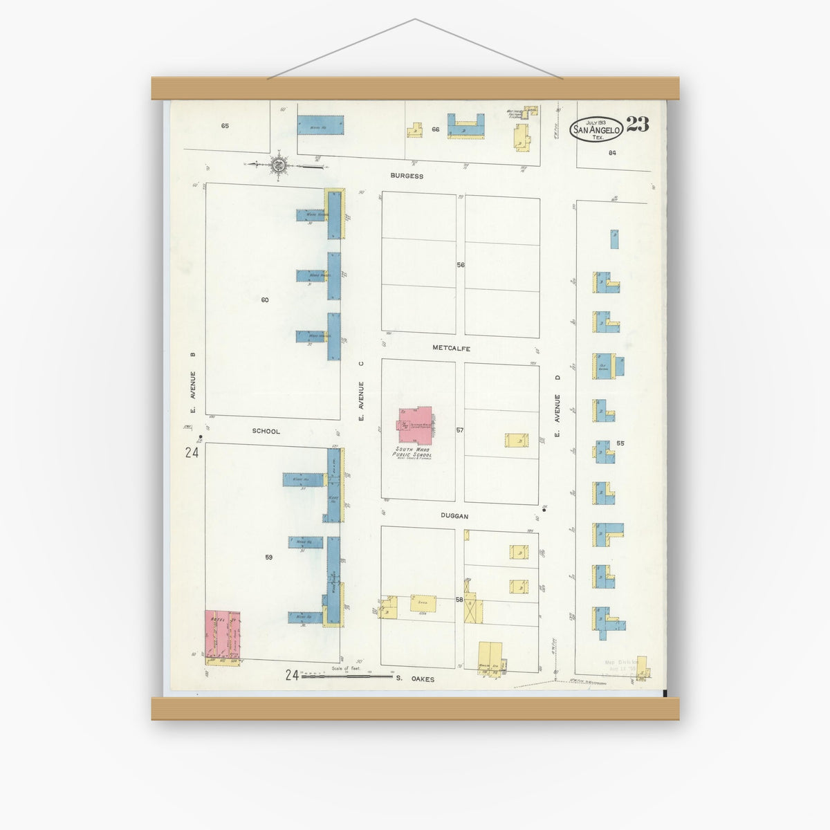 Old map wall art mockup — magnetic wood frame on white wall — Sanborn Fire Insurance Map from San Angelo, Tom Green County, Texas (1913), Sheet #0023
