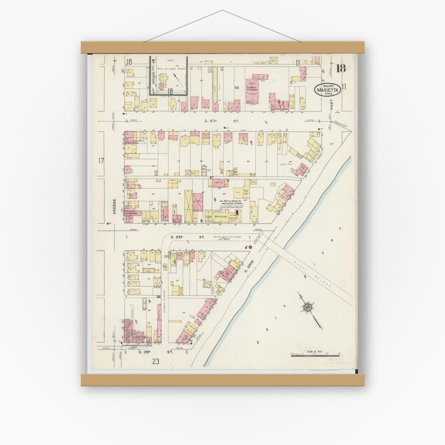 Old map wall art mockup — magnetic wood frame on white wall — Sanborn Fire Insurance Map from Marietta, Washington County, Ohio (1915), Sheet #0018