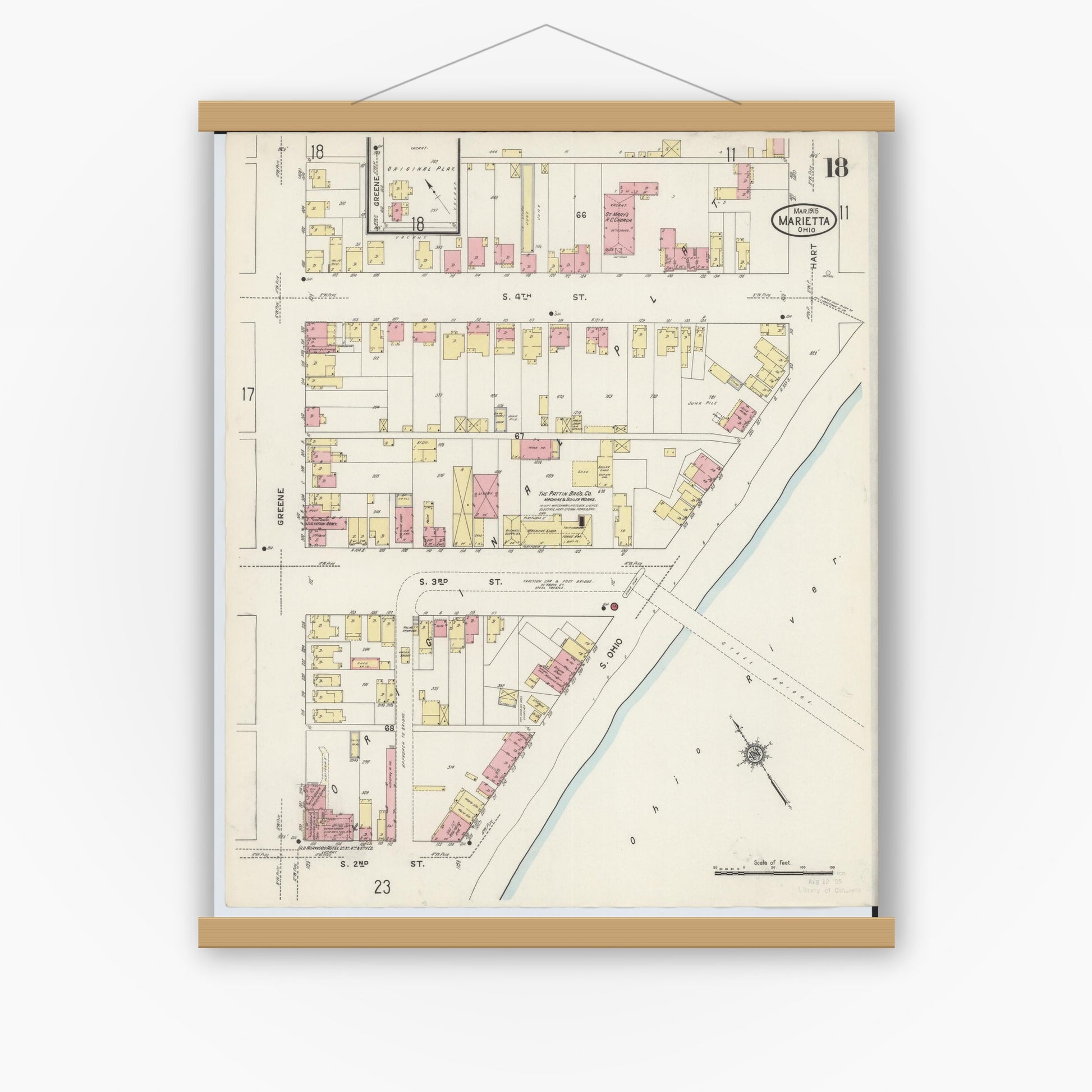 Old map wall art mockup — magnetic wood frame on white wall — Sanborn Fire Insurance Map from Marietta, Washington County, Ohio (1915), Sheet #0018