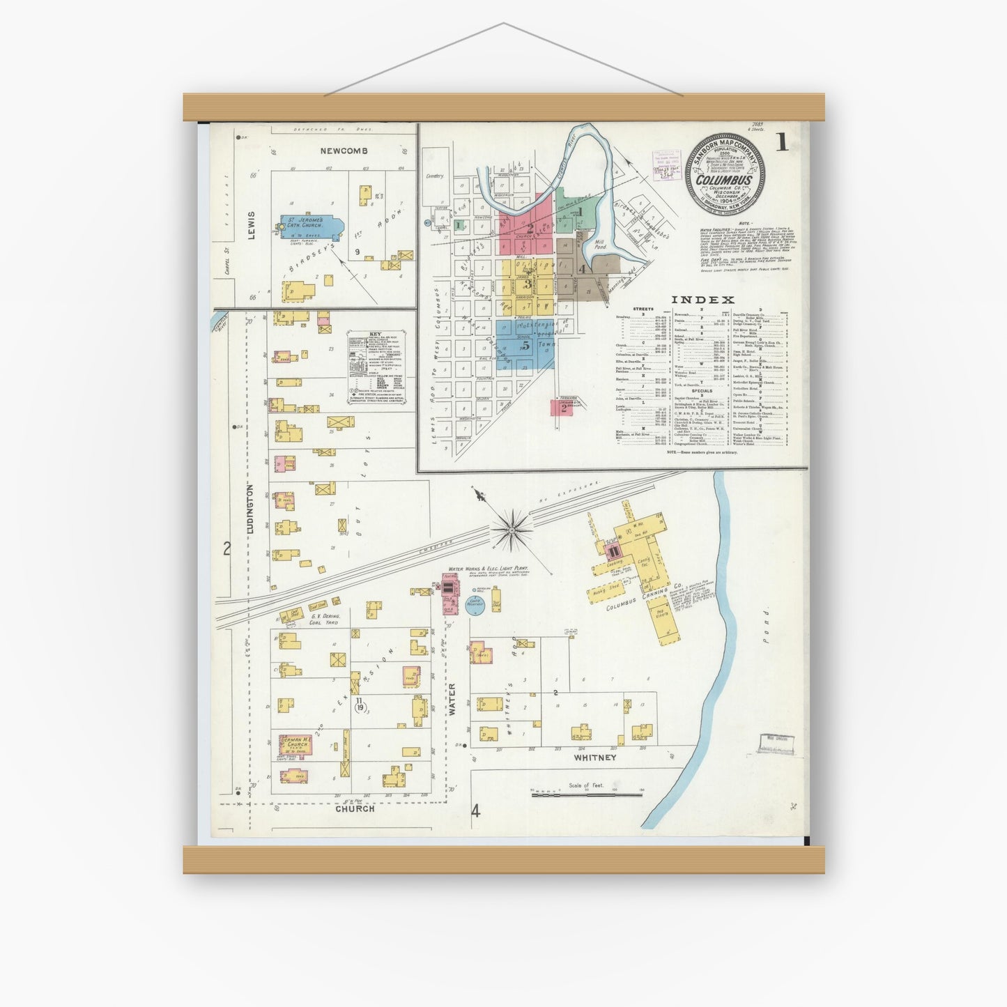 Old map wall art mockup — magnetic wood frame on white wall — Sanborn Fire Insurance Map from Columbus, Columbia and Dodge County, Wisconsin (1904) - Complete Map Set