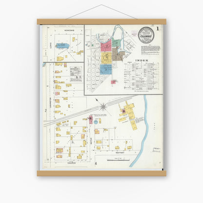 Old map wall art mockup — magnetic wood frame on white wall — Sanborn Fire Insurance Map from Columbus, Columbia and Dodge County, Wisconsin (1904) - Complete Map Set