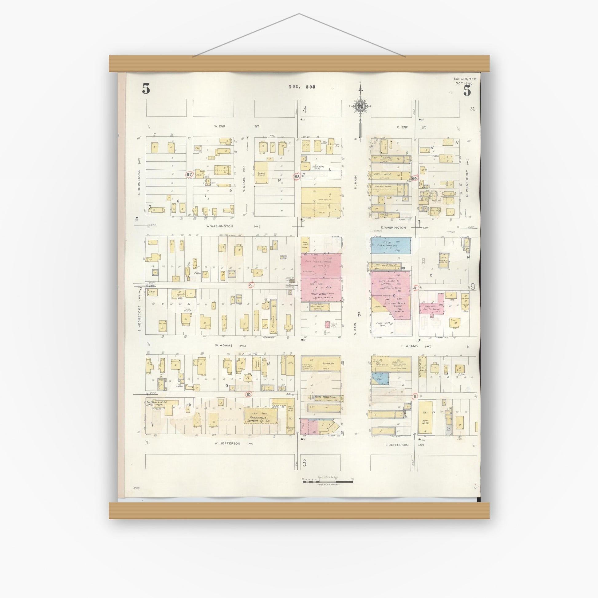Old map wall art mockup — magnetic wood frame on white wall — Sanborn Fire Insurance Map from Borger, Hutchinson County, Texas (1950), Sheet #0005